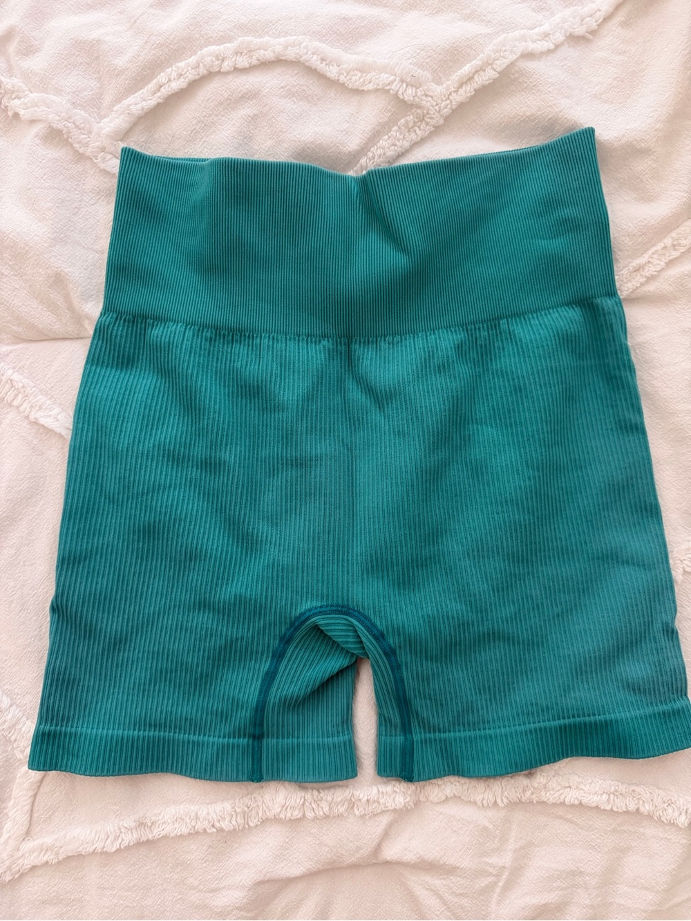 Ribbed High-Waist Bike Shorts - Teal Green